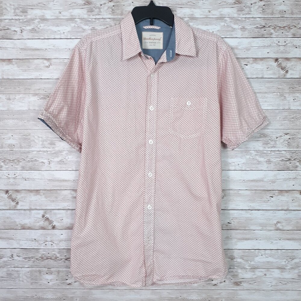 Weatherproof Vintage Mens Button Up Shirt M Short Sleeve Orange White Check 345A